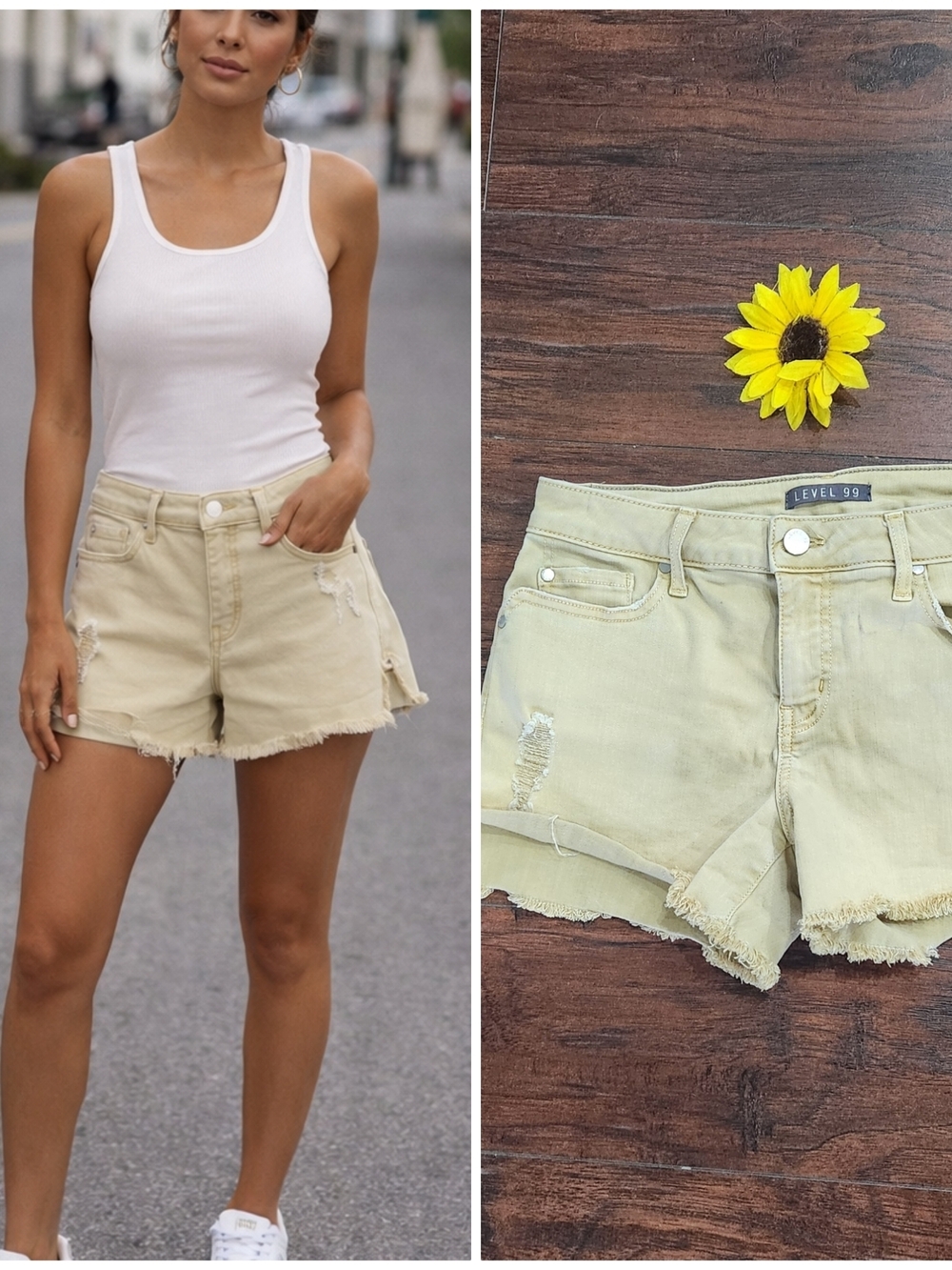Level99 By Anthropologie Light Beige Frayed Hem Denim Shorts # Level99